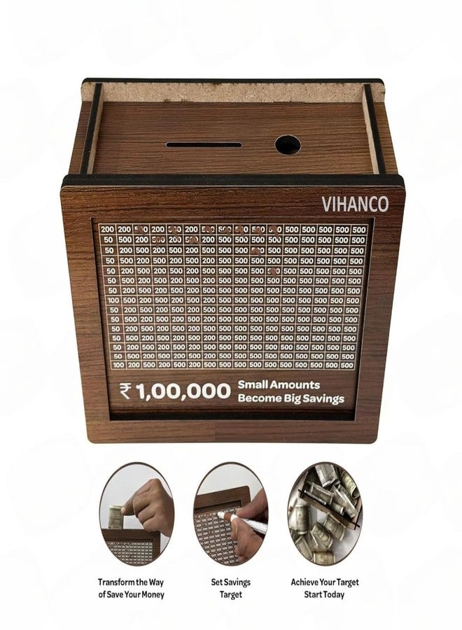 VIHANCO Wooden Money/Piggy Bank for Kids & Adults, Savings Challenge Box, Money Saving Box for Adult 100000, Cash Collection Gullak Mini Bank, Birthday Gift for Kids, Women/Men/Friends - Image 5